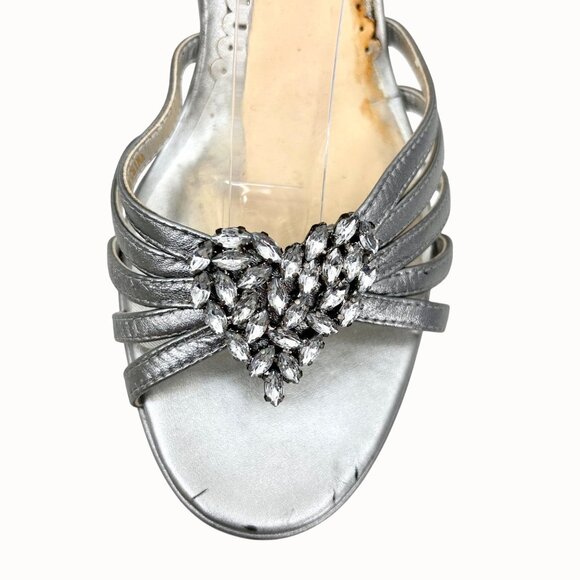 CAPARROS METALLIC SILVER LEATHER RHINESTONE HEART ANKLE STRAP SANDALs HEELS - 7B - Picture 7 of 11